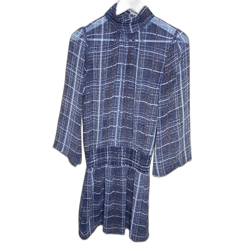 Veronica M Sheer Mini Dress Womens S Plaid High Neck Smocked Waist Fairy Sleeves